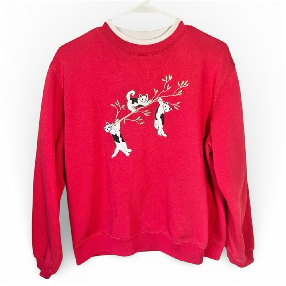 VTG Grandmacore Cats Sweatshirt Size Medium Pullover 90s Cottagecore Red